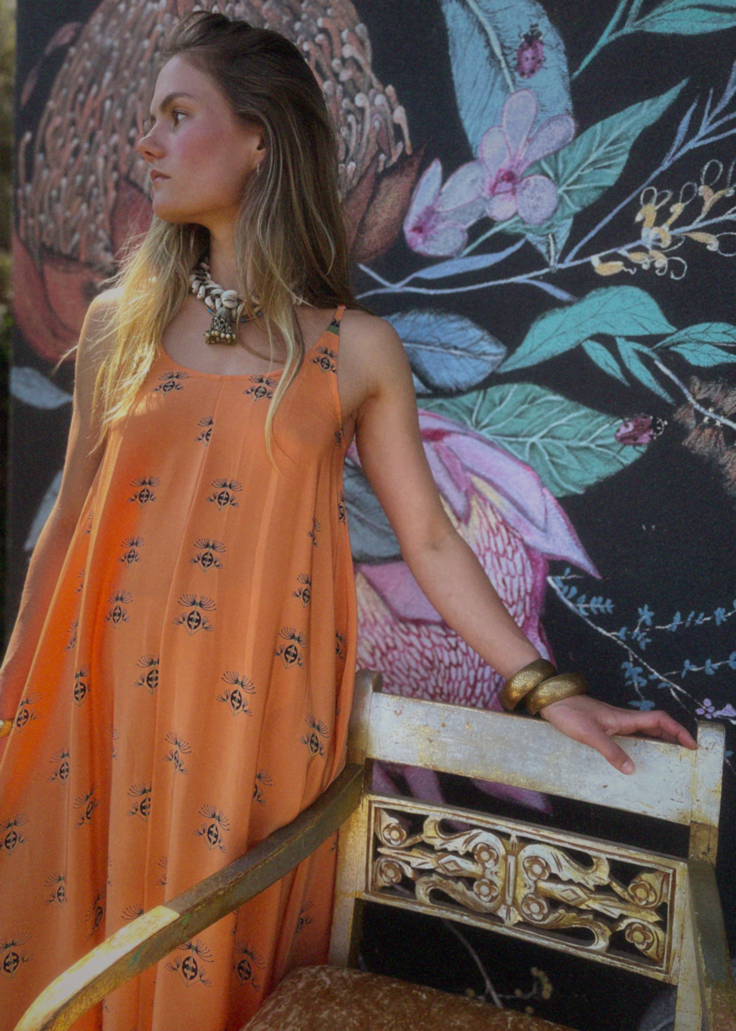 Eustoma Silk Crepe Swing Maxi Dress ~ Coral XS