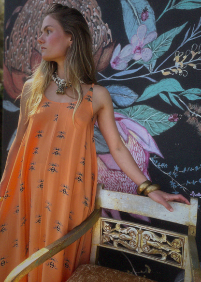 Eustoma Silk Crepe Swing Maxi Dress ~ Coral XS