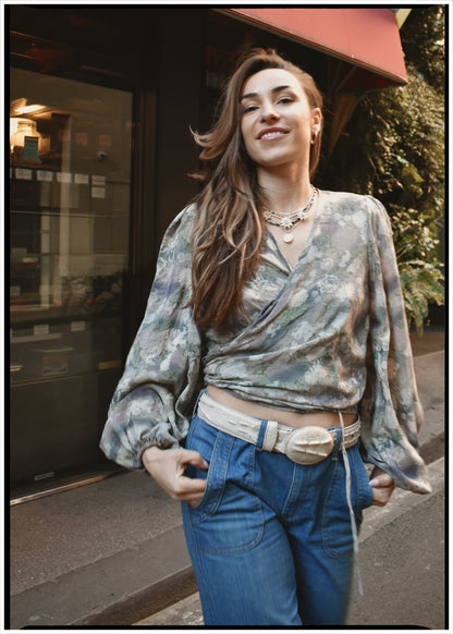 Hoya Silk Crepe Balloon Sleeve Wrap Top ~ Sea Mist M