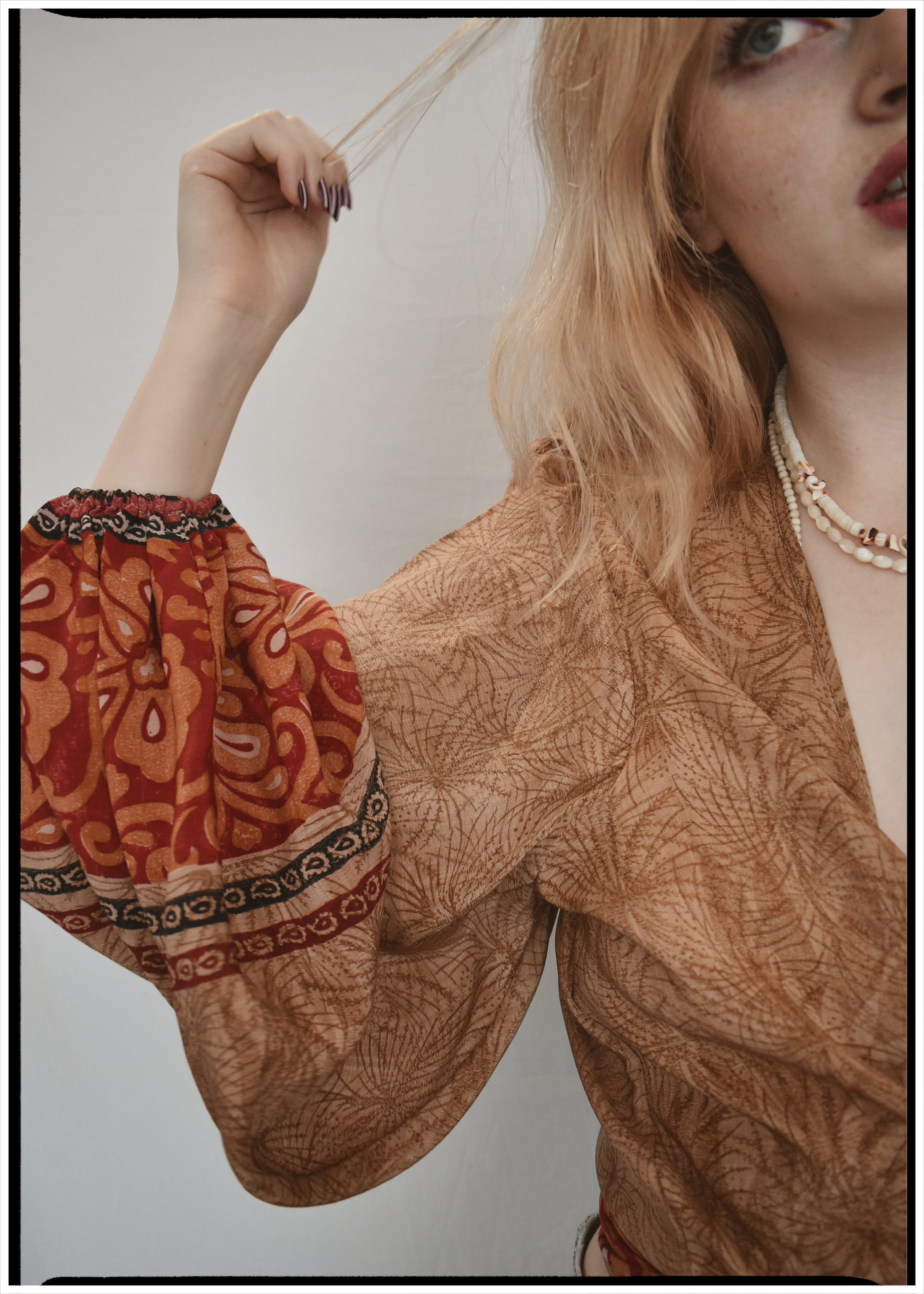 Hoya Silk Crepe Balloon Sleeve Wrap Top ~ Nougat L