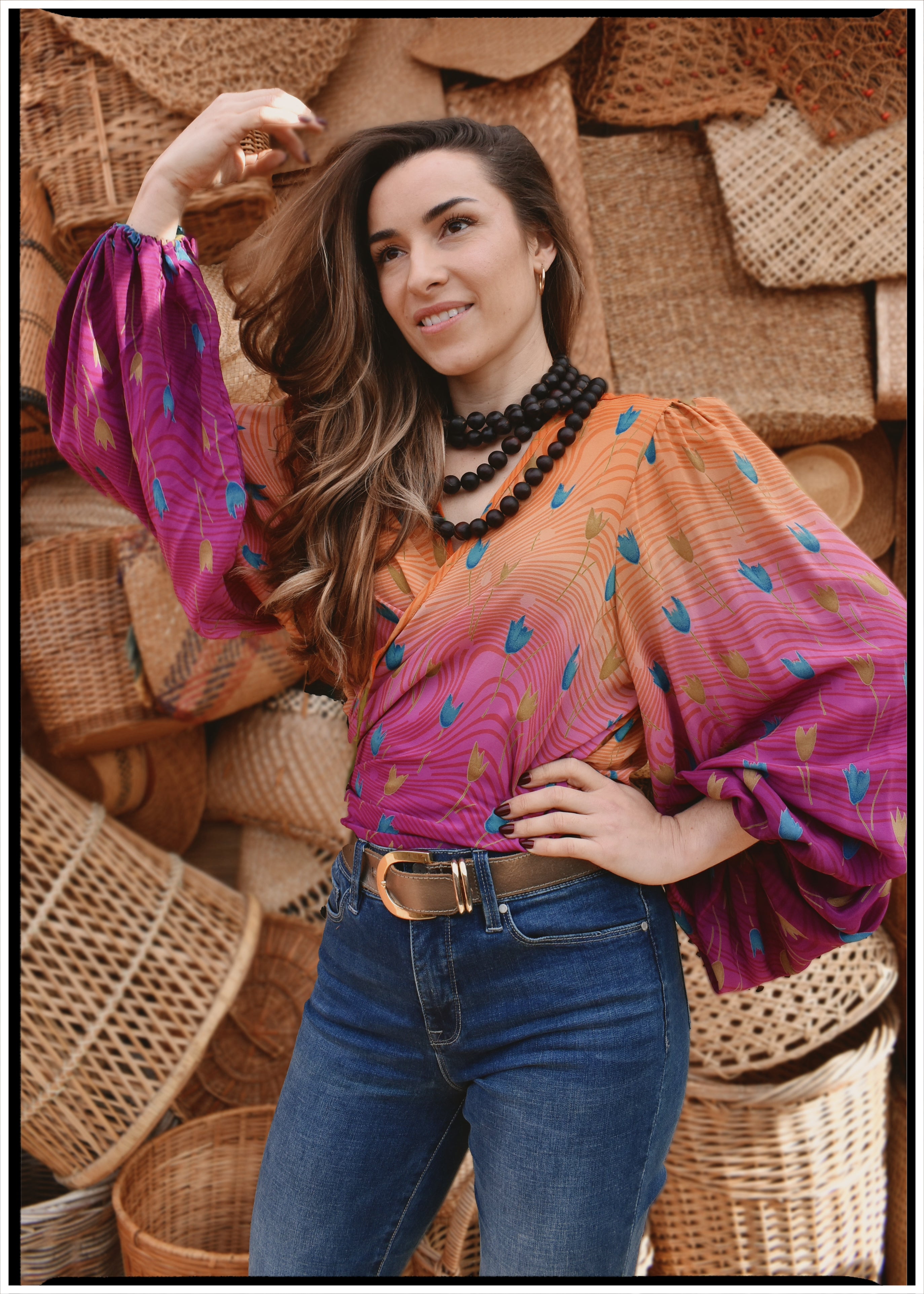 Hoya Silk Crepe Balloon Sleeve Wrap Top ~ Tequila Sunrise XL