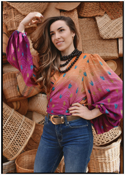 Hoya Silk Crepe Balloon Sleeve Wrap Top ~ Tequila Sunrise XL