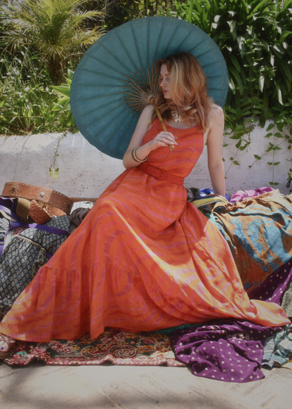 Eustoma Silk Crepe Swing Maxi Dress ~ Sunset M