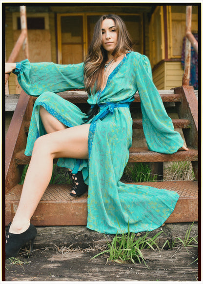 Caladium Silk Wrap Dress ~ Aquamarine S
