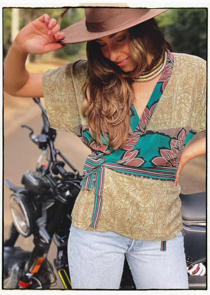 Bassia Silk Crepe Cross Tie Front Blouse ~ Citadel XS