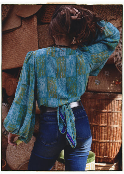 Hoya Silk Crepe Balloon Sleeve Wrap Top ~ Aqua XL