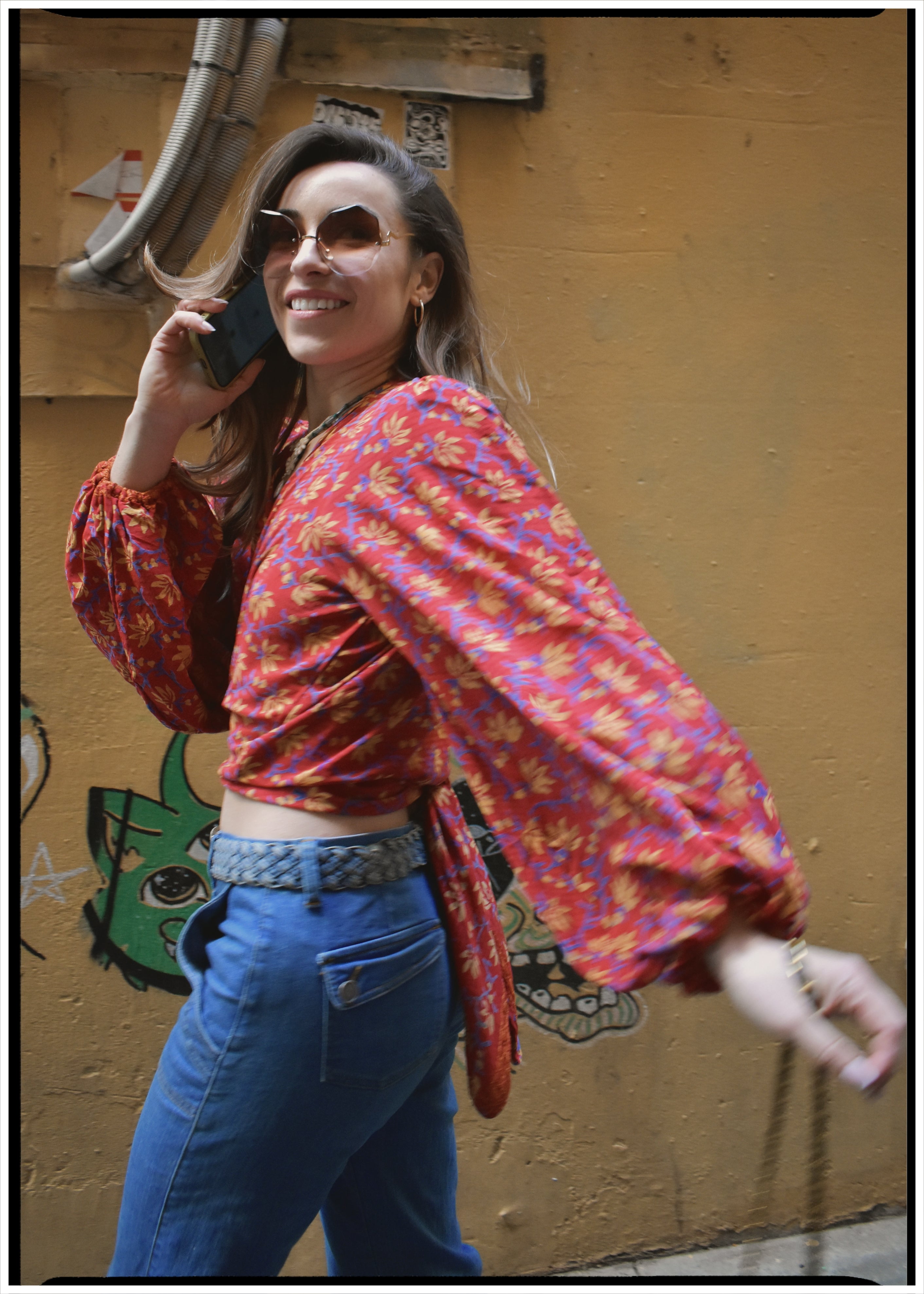 Hoya Silk Crepe Balloon Sleeve Wrap Top ~ Honeyjoy M