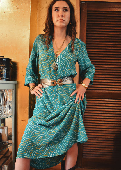 Zea Silk Crepe Kaftan Maxi Dress ~  Cascade M