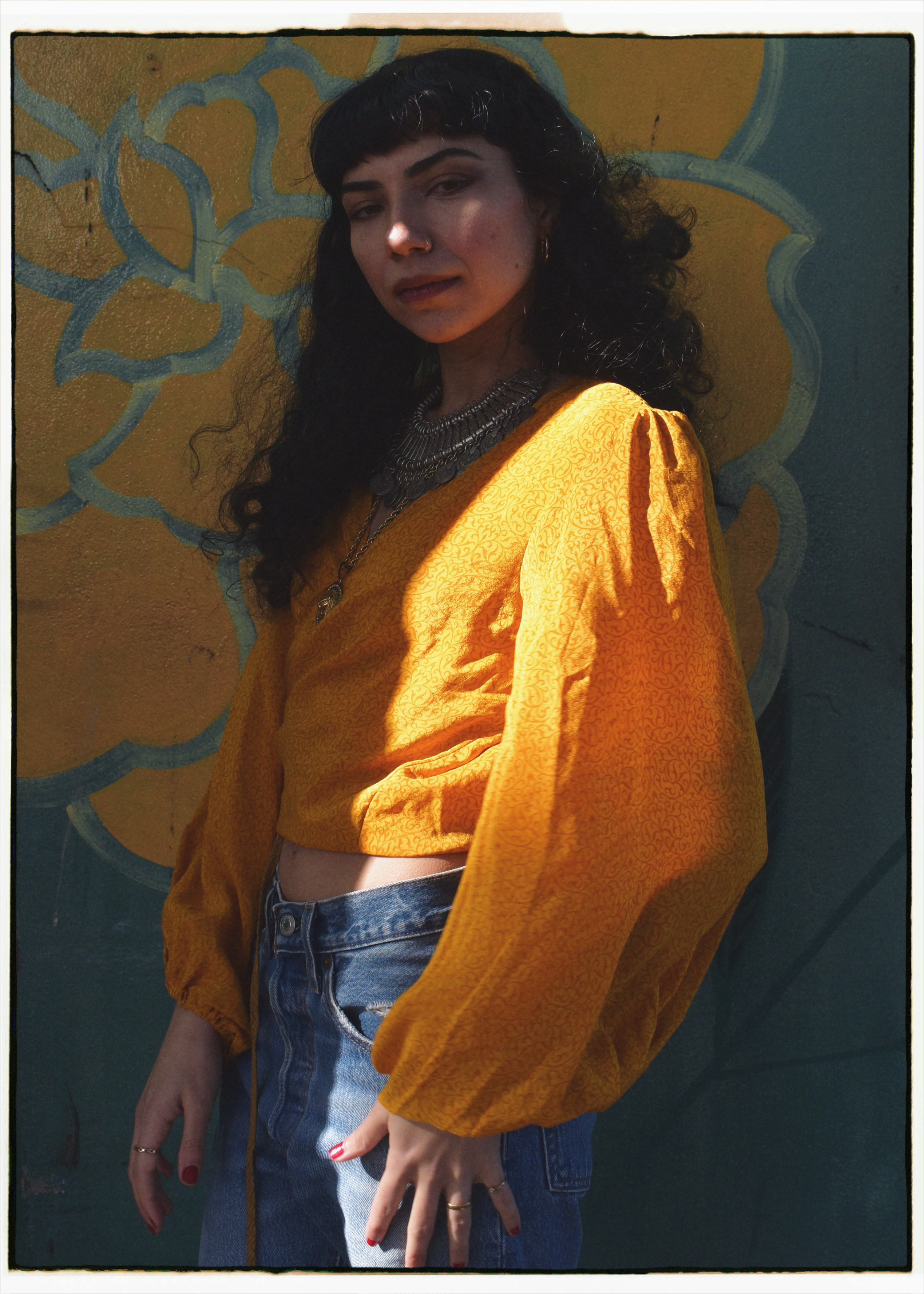 Hoya Silk Crepe Balloon Sleeve Wrap Top ~ Honey Gold S