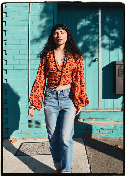 Hoya Silk Crepe Balloon Sleeve Wrap Top ~ Oriole M