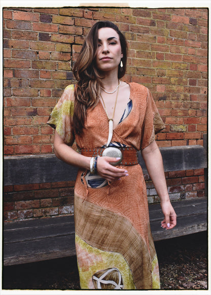 Liatris Silk Crepe Flutter Sleeve Wrap Dress ~ Almond M