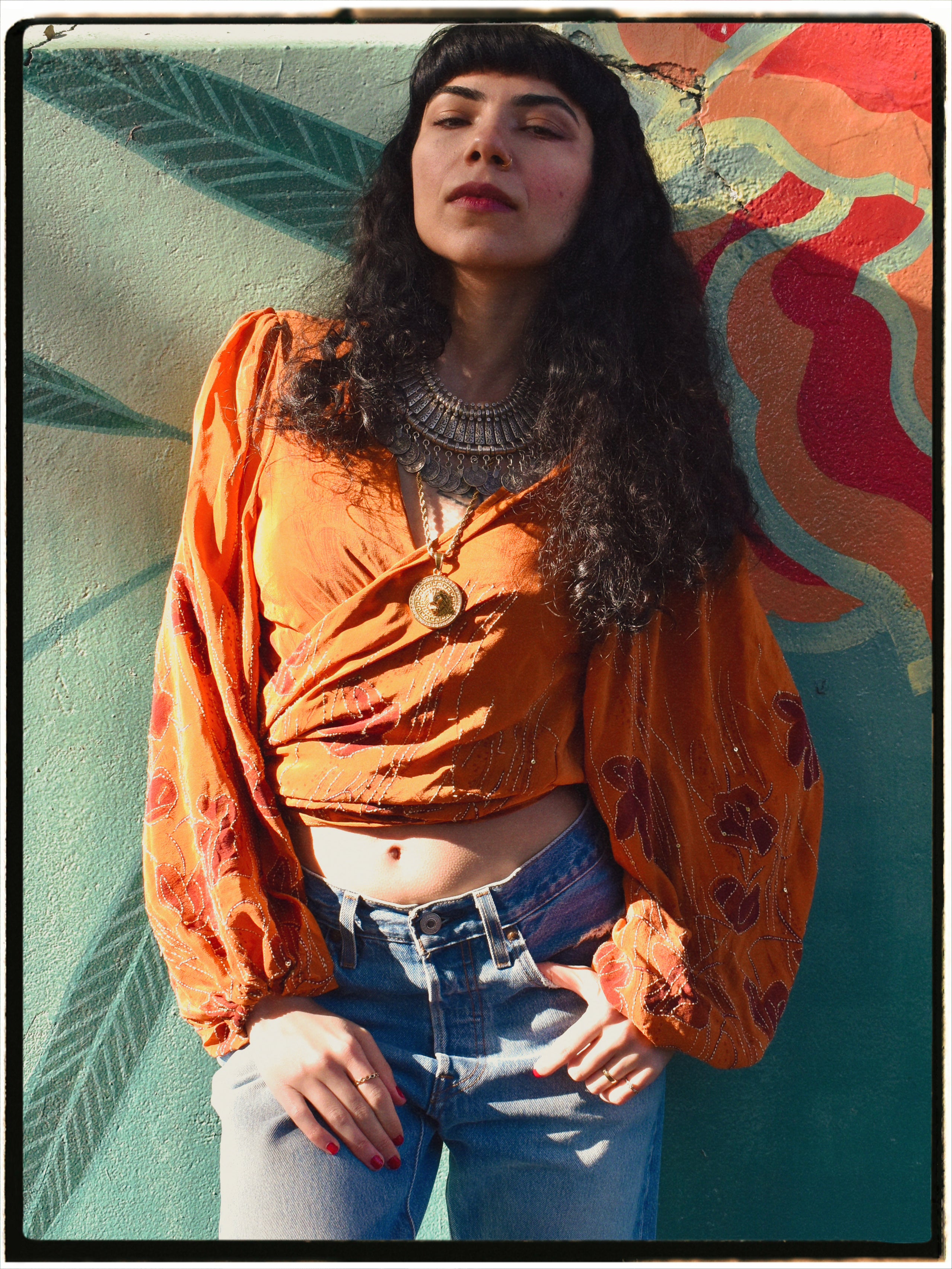 Hoya Silk Crepe Balloon Sleeve Wrap Top ~ Flame S