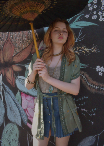 Pilea Silk Crepe Wrap Kimono Top ~ Irish Moss S/M