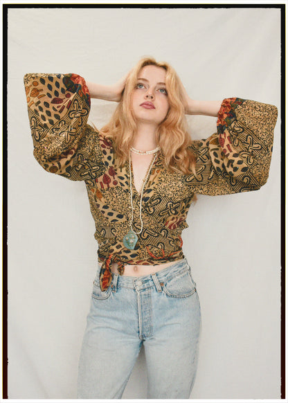 Hoya Silk Crepe Balloon Sleeve Wrap Top ~  Festival L