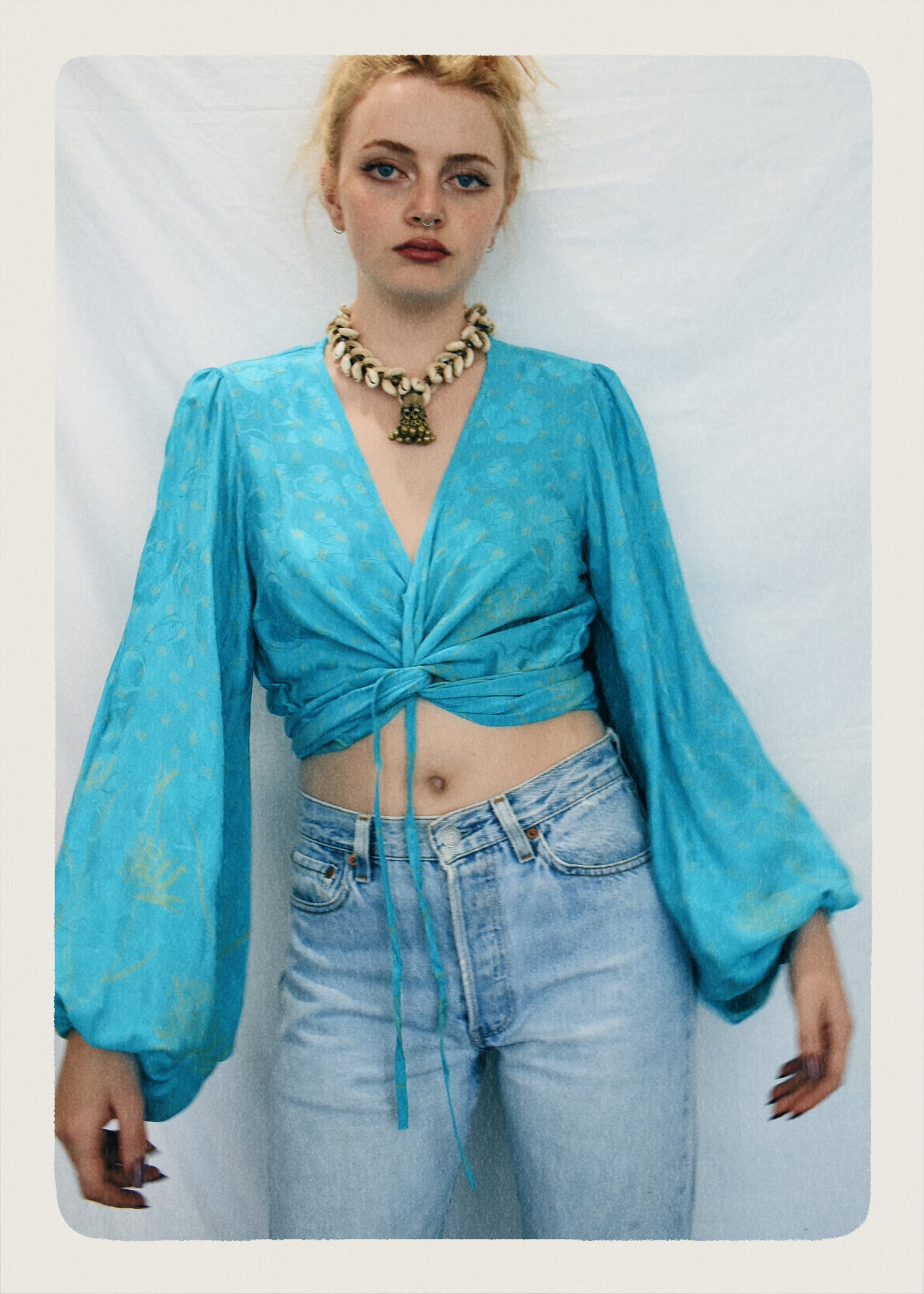 Hoya Silk Crepe Balloon Sleeve Wrap Top ~ Porcelain S