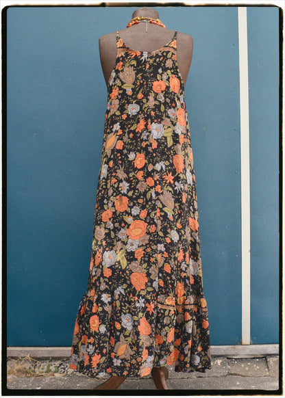 Eustoma Silk Crepe Swing Maxi Dress ~ Midnight L