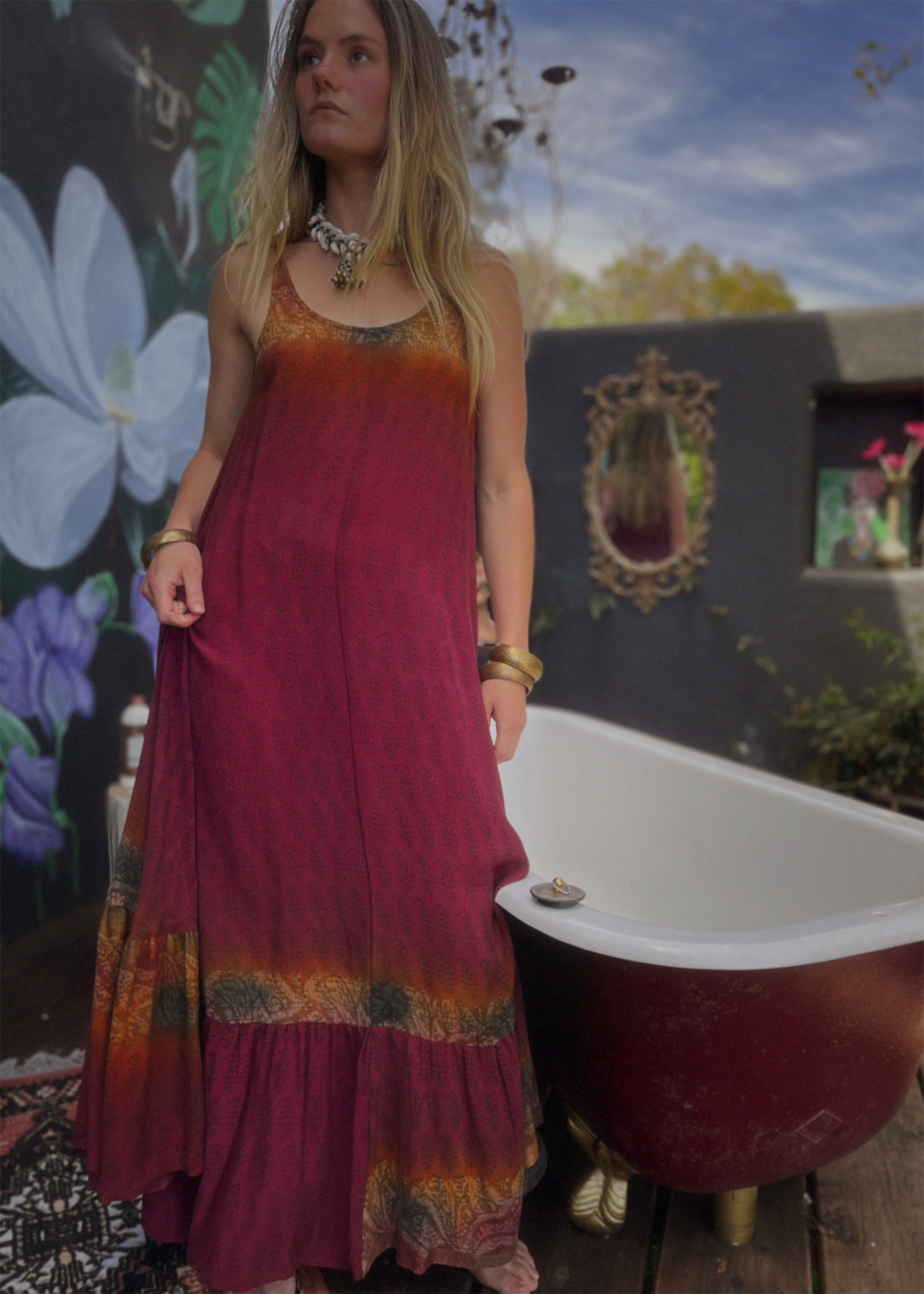 Eustoma Silk Crepe Swing Maxi Dress ~ Garnet XS