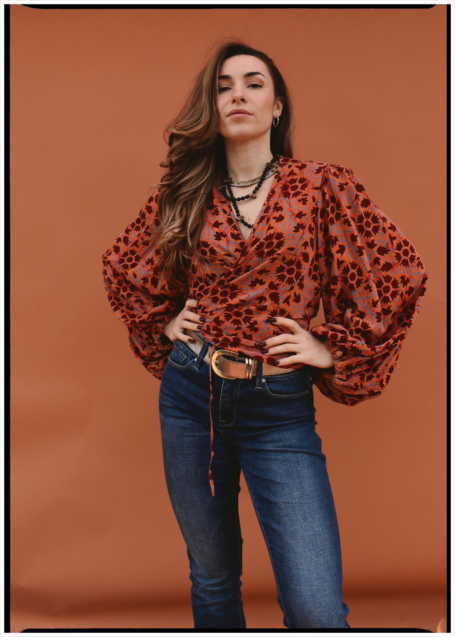 Hoya Silk Crepe Balloon Sleeve Wrap Top ~ Cayenne XL