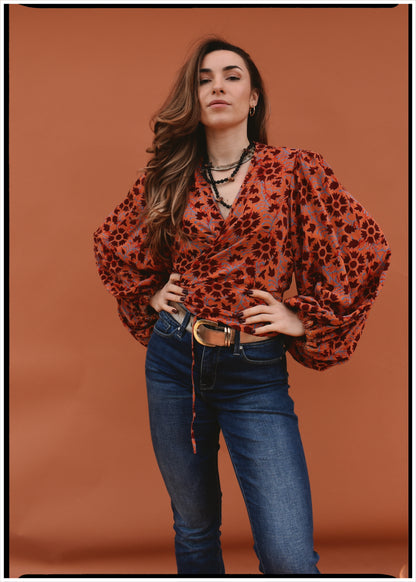 Hoya Silk Crepe Balloon Sleeve Wrap Top ~ Cayenne XL