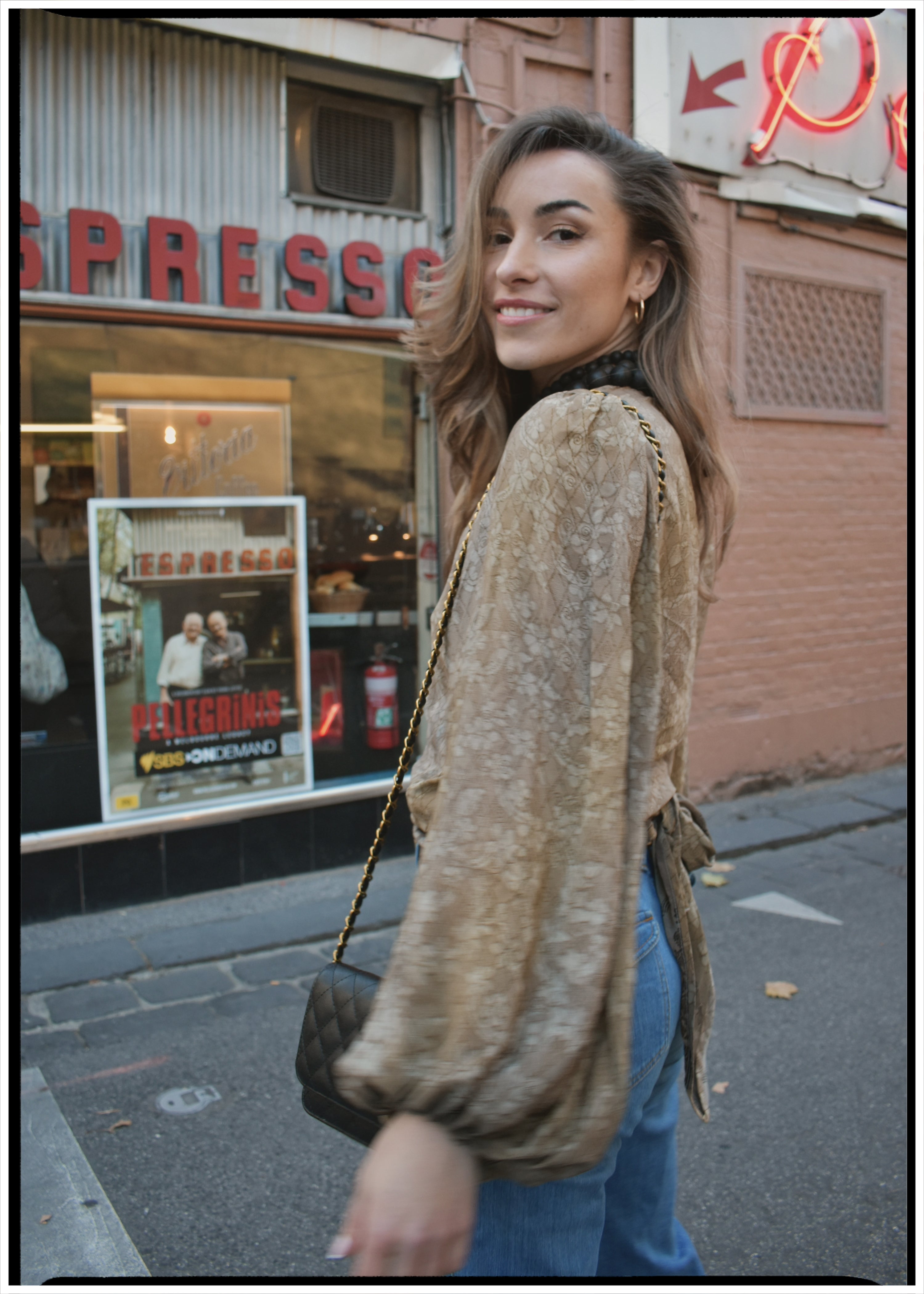 Hoya Silk Crepe Balloon Sleeve Wrap Top ~ Taupe M