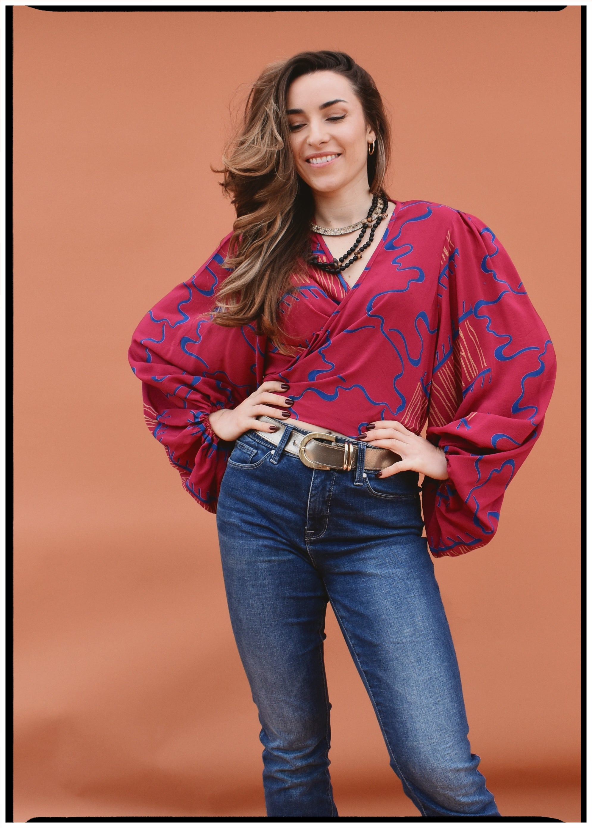 Hoya Silk Crepe Balloon Sleeve Wrap Top ~ Crimson XL