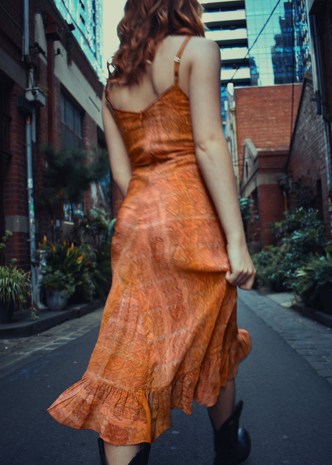 Silk midi slip dress vintage bohemian silk crepe saree sari Indian adjustable straps invisible zip
