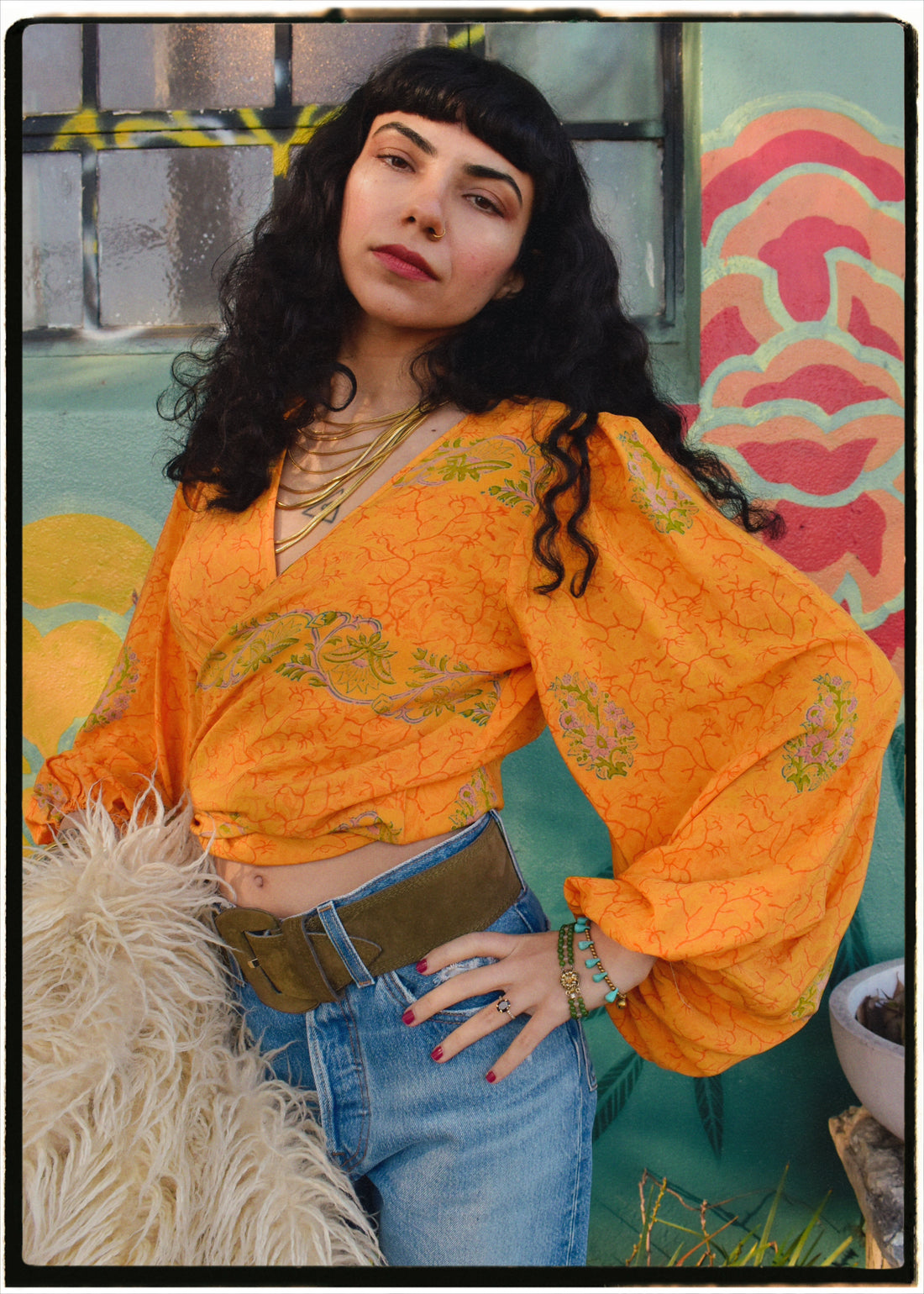 Hoya Silk Crepe Balloon Sleeve Wrap Top ~ Marigold XS