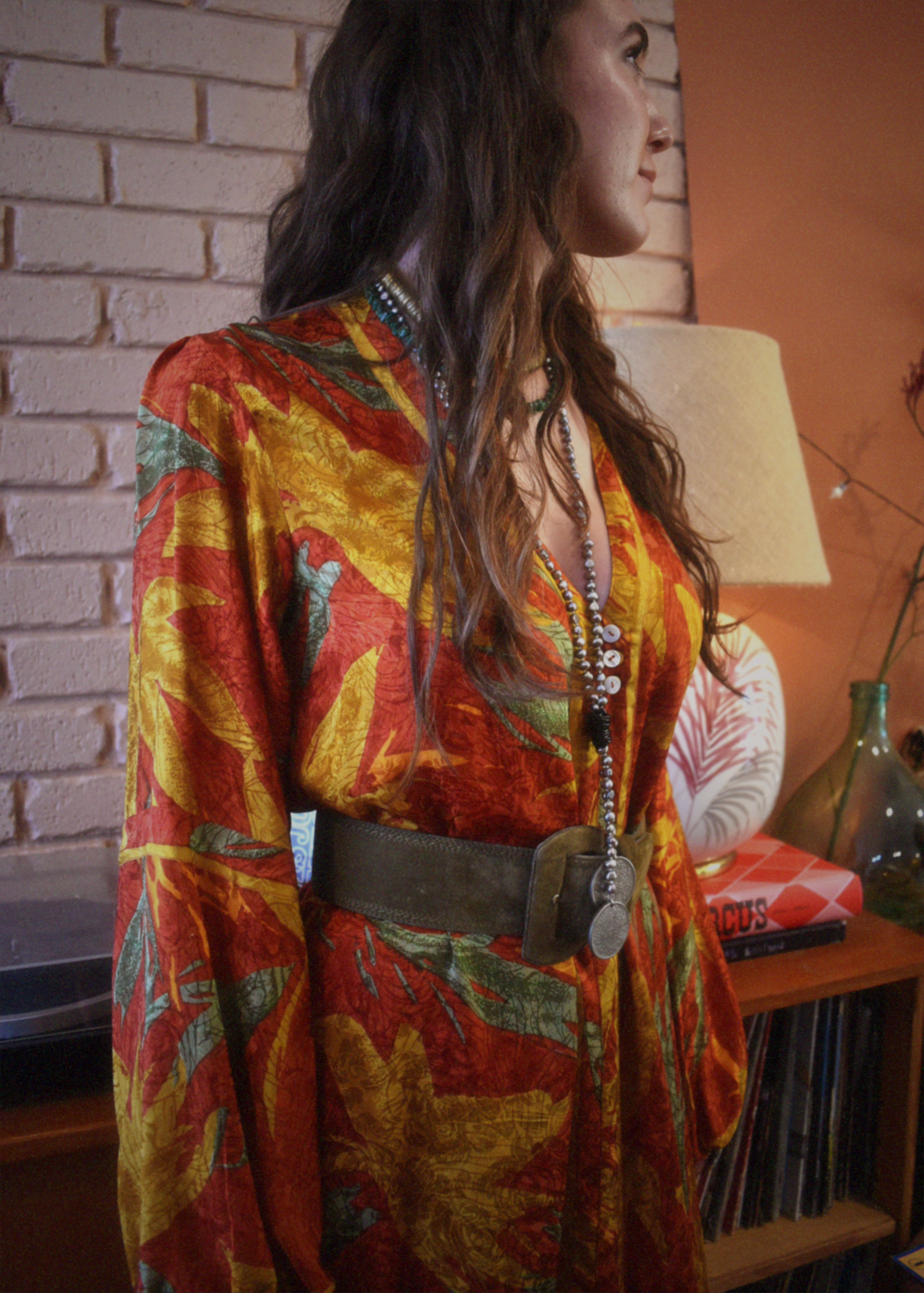 Zea Silk Crepe Kaftan Maxi Dress ~  Tangerine L