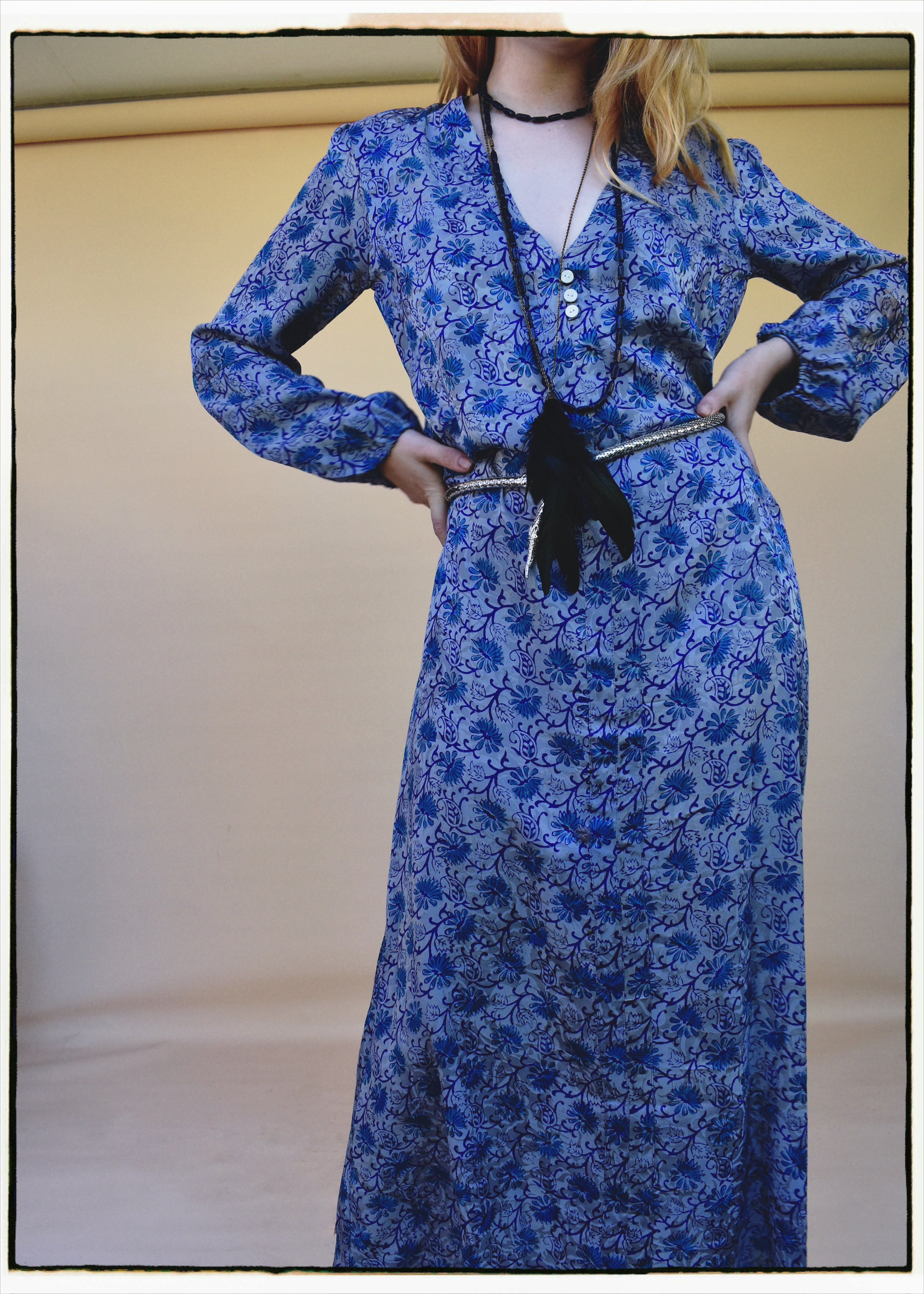 Zea Silk Crepe Kaftan Maxi Dress ~  Aquarius XS