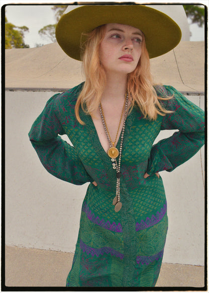 Zea Silk Crepe Kaftan Maxi Dress ~  Emerald XS