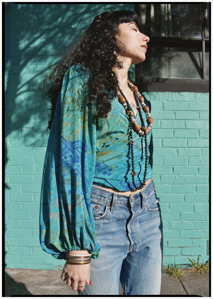 Hoya Silk Crepe Balloon Sleeve Wrap Top ~ Dragonfly M