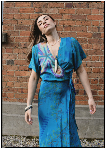 Liatris Silk Crepe Flutter Sleeve Wrap Dress ~ Stellar L