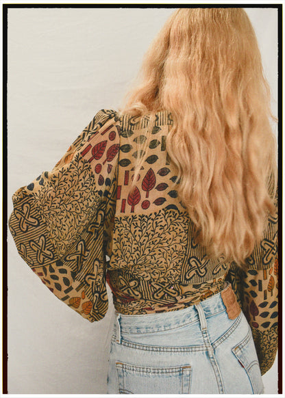 Hoya Silk Crepe Balloon Sleeve Wrap Top ~  Festival L