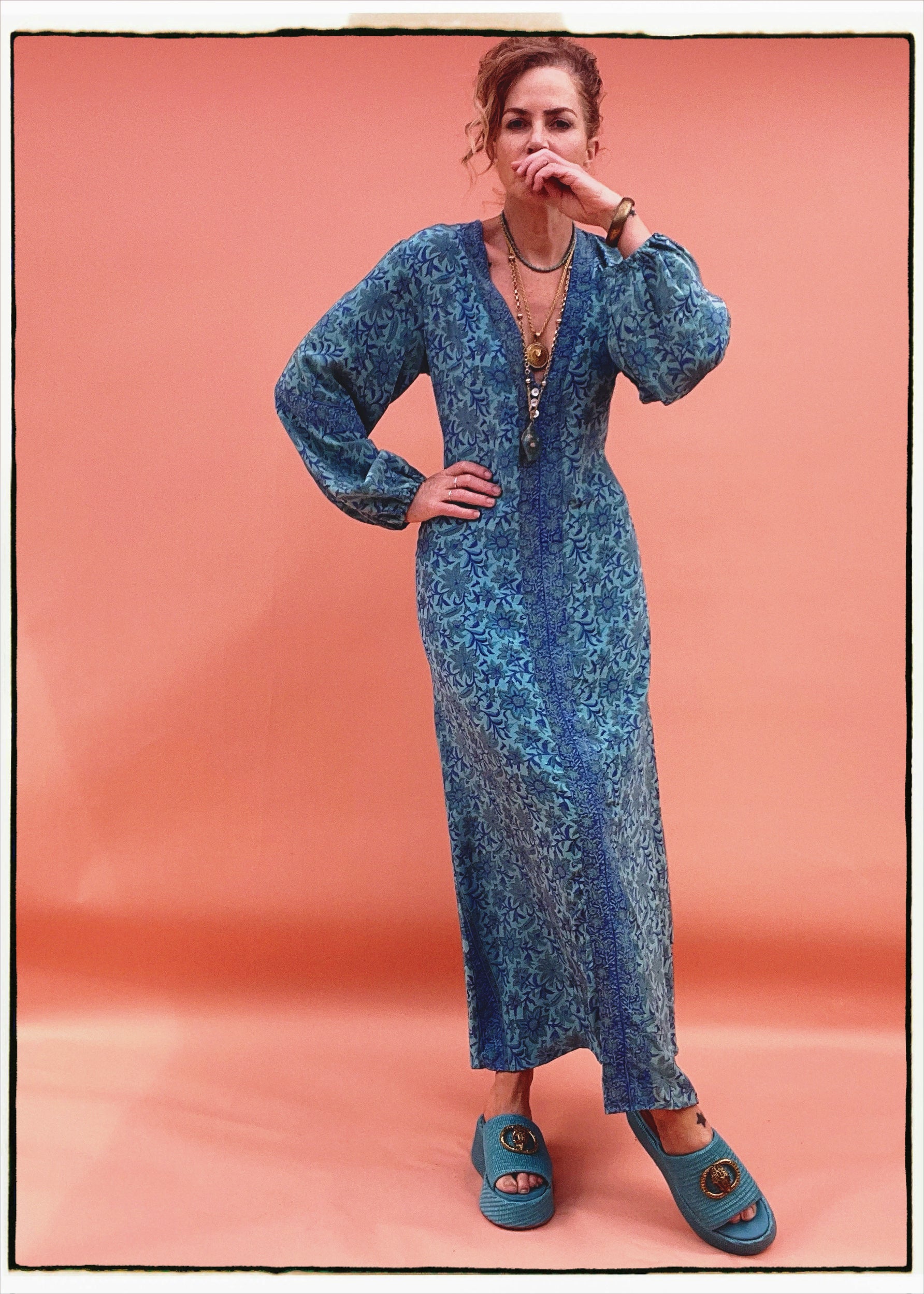 Zea Silk Crepe Kaftan Maxi Dress ~  Pacific XL