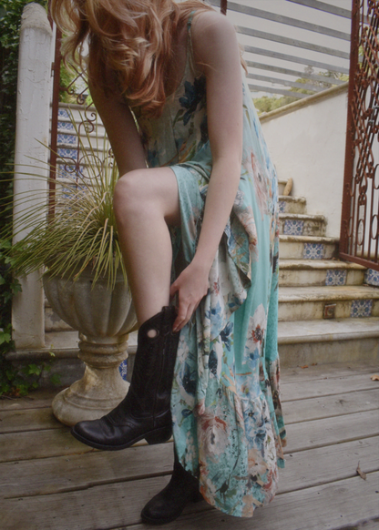 Eustoma Silk Crepe Swing Maxi Dress ~  Azurine S