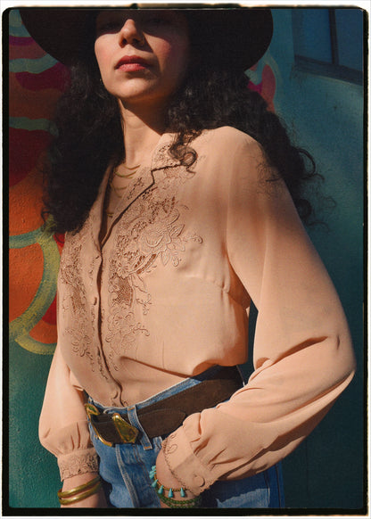 Tilia Silk Crepe Cut-Work Embroidered Shirt ~ Nougat