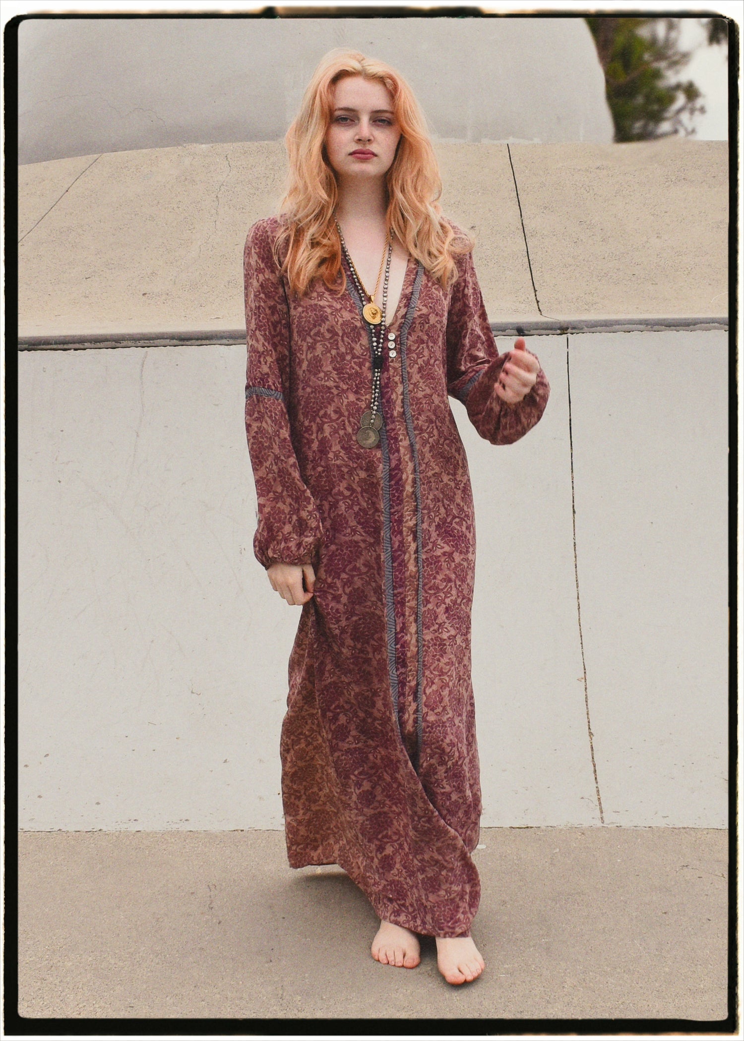 Zea Silk Crepe Kaftan Maxi Dress ~  Quartz XS