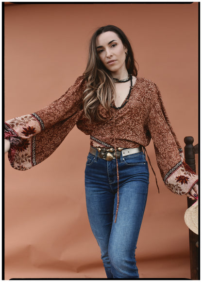 Hoya Silk Crepe Balloon Sleeve Wrap Top ~ Boheme XL
