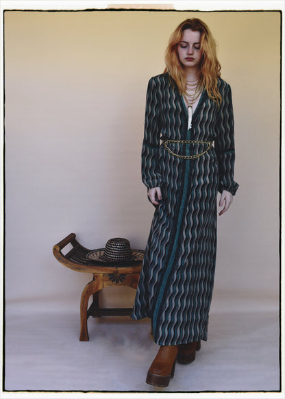 Zea Silk Crepe Kaftan Maxi Dress ~  Sea Jet XS