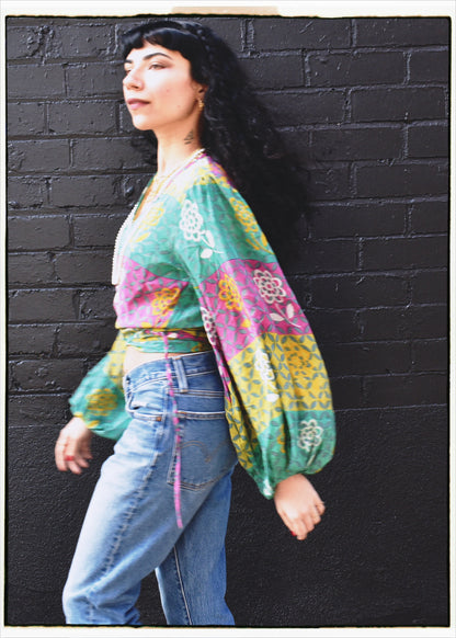 Hoya Silk Crepe Balloon Sleeve Wrap Top ~ Candy XS