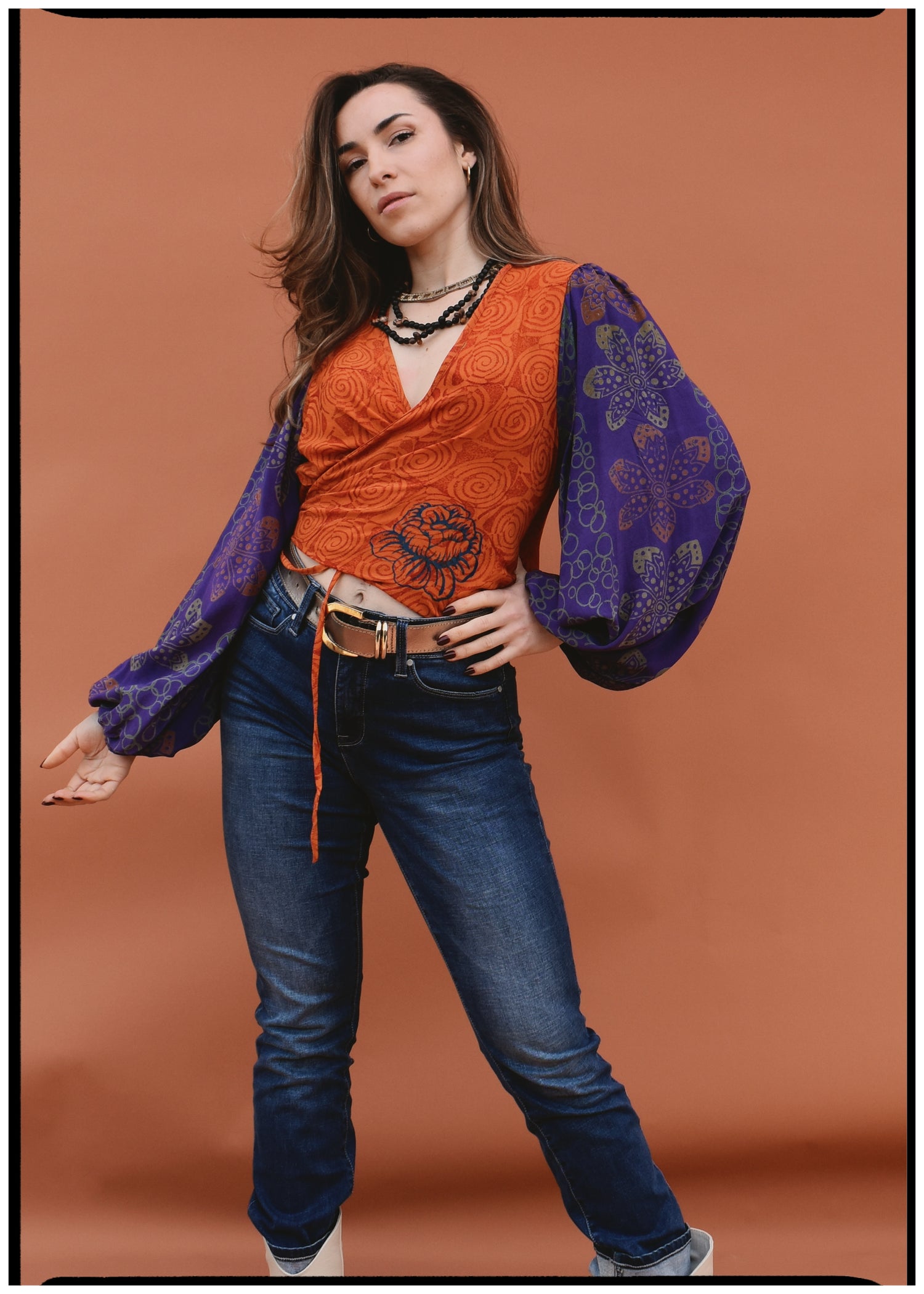 Hoya Silk Crepe Balloon Sleeve Wrap Top ~ Puffin L