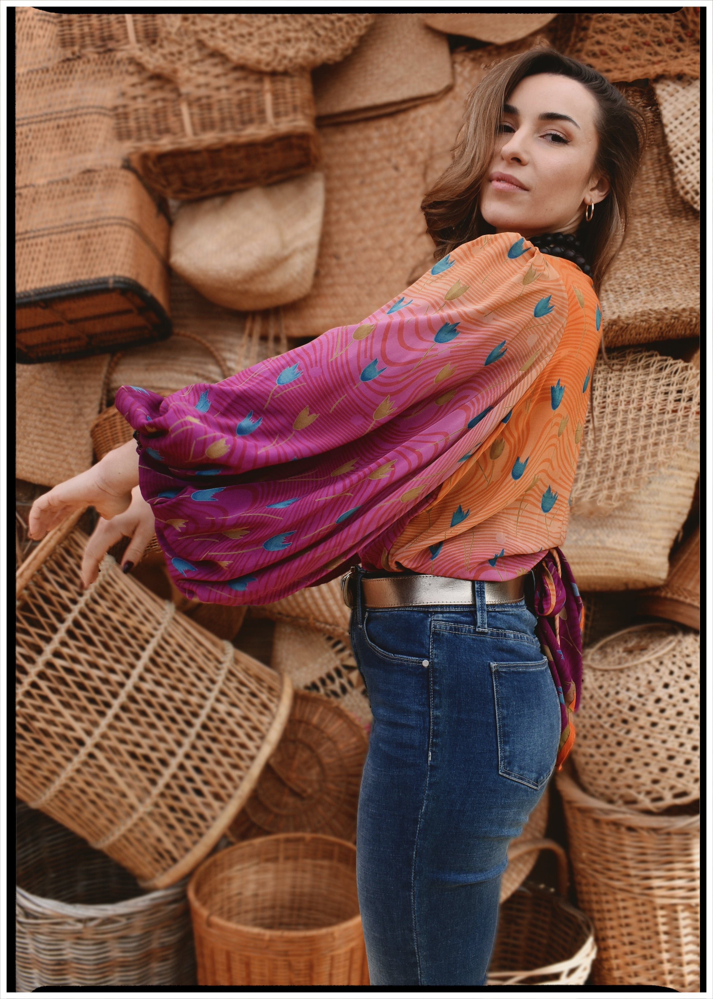 Hoya Silk Crepe Balloon Sleeve Wrap Top ~ Tequila Sunrise XL