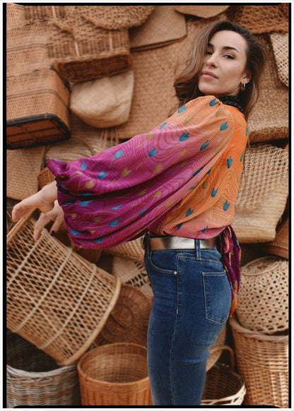 Hoya Silk Crepe Balloon Sleeve Wrap Top ~ Tequila Sunrise XL
