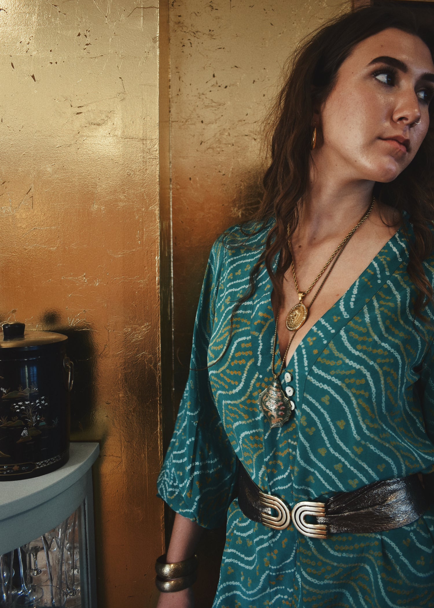 Zea Silk Crepe Kaftan Maxi Dress ~  Cascade M