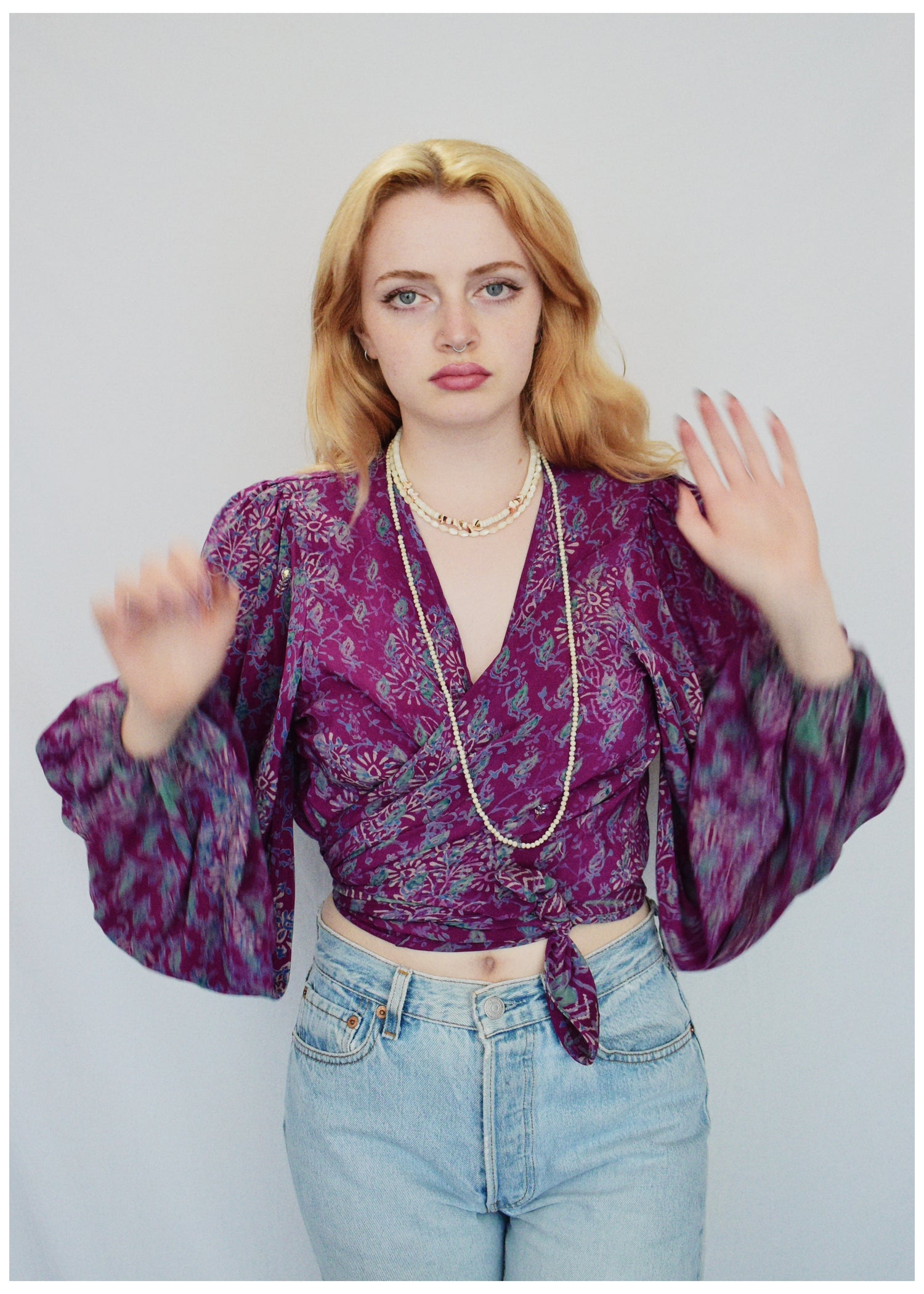 Hoya Silk Crepe Balloon Sleeve Wrap Top ~ Jubilee M