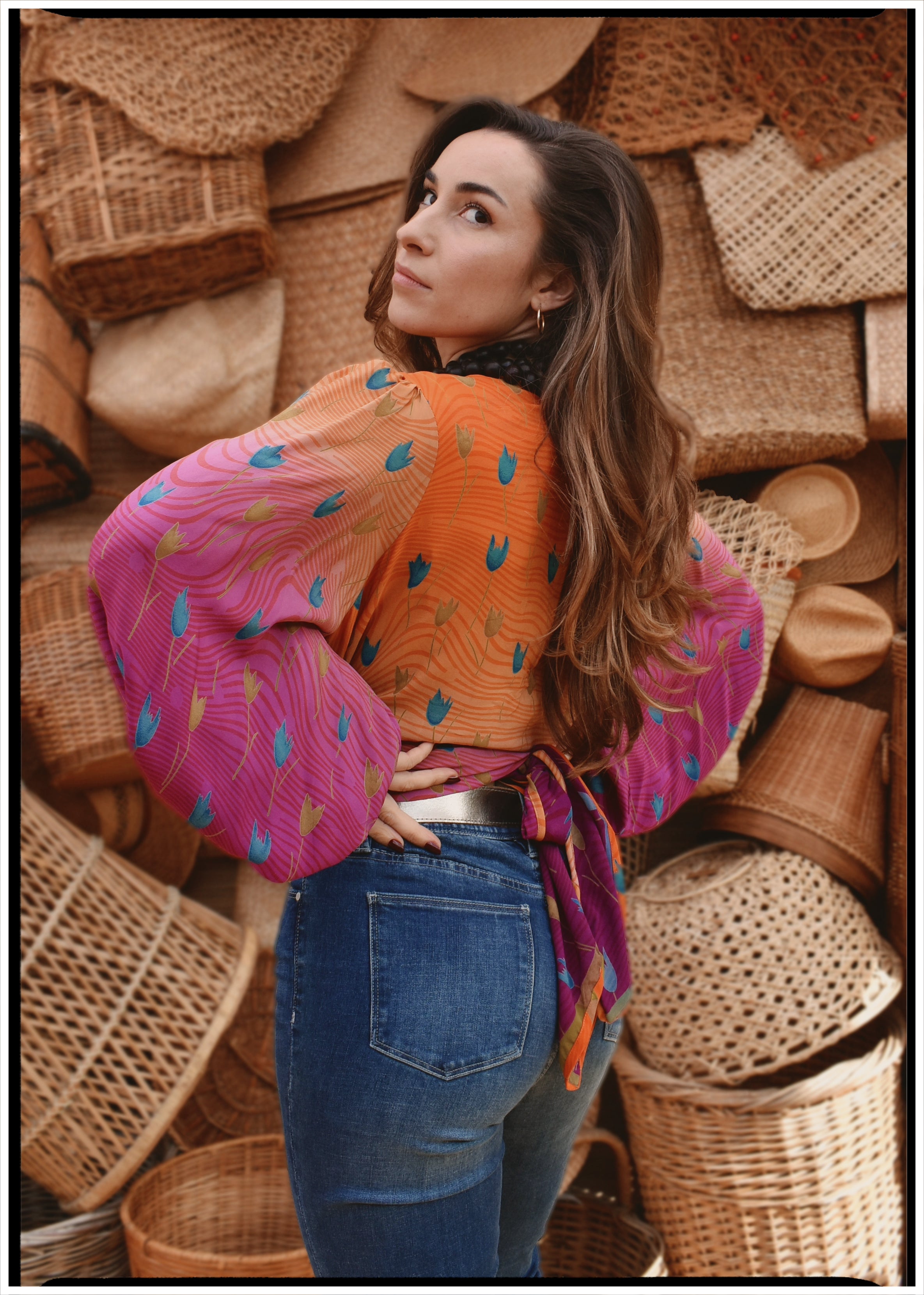 Hoya Silk Crepe Balloon Sleeve Wrap Top ~ Tequila Sunrise XL