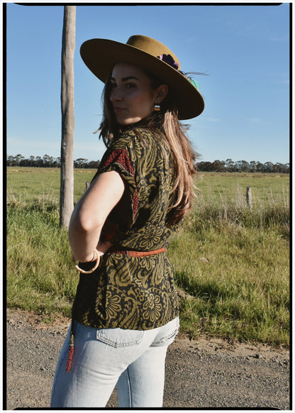 Bassia Silk Crepe Cross Tie Front Blouse ~ Mosstone S