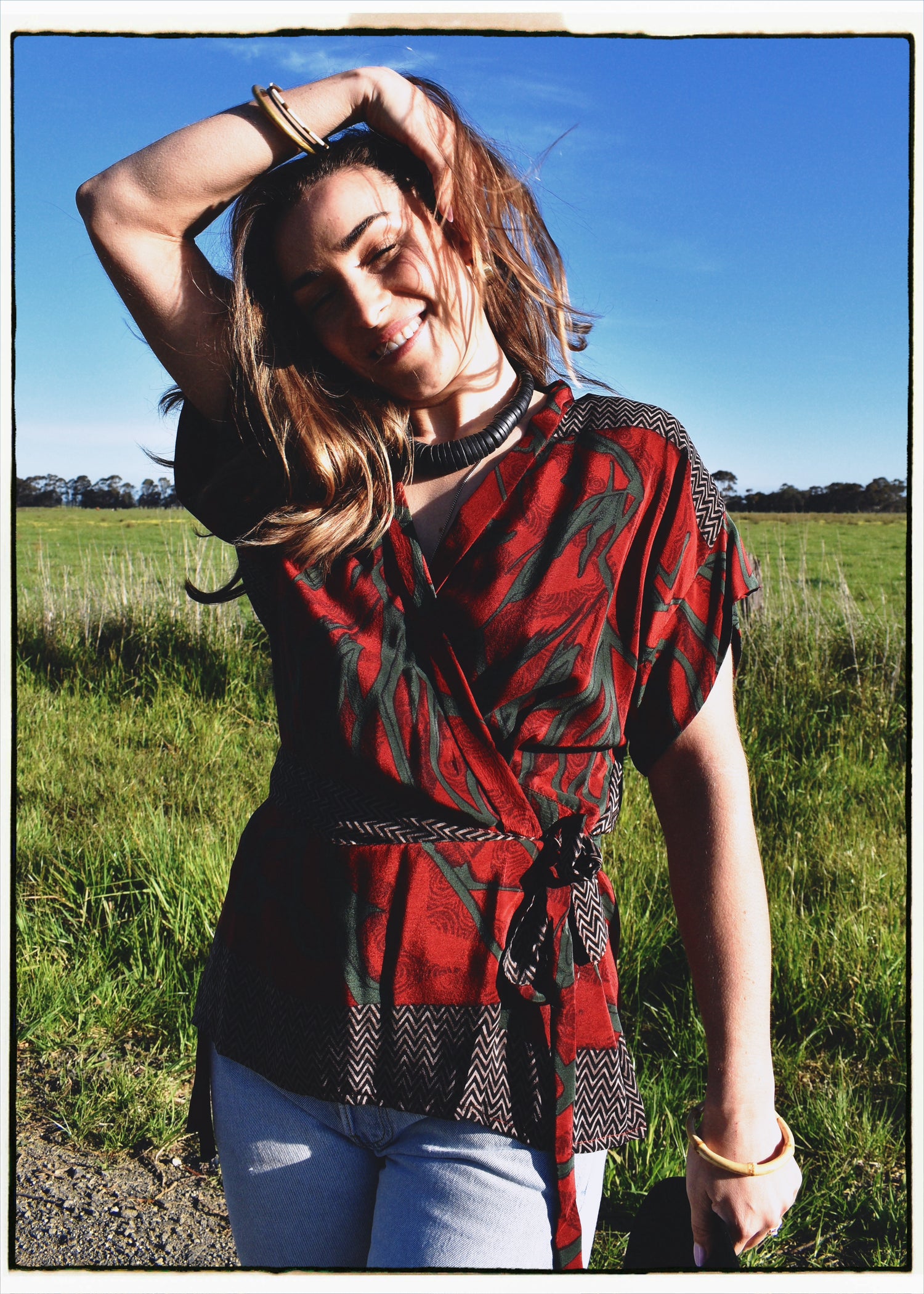 Bassia Silk Crepe Cross Tie Front Blouse ~ Molten S