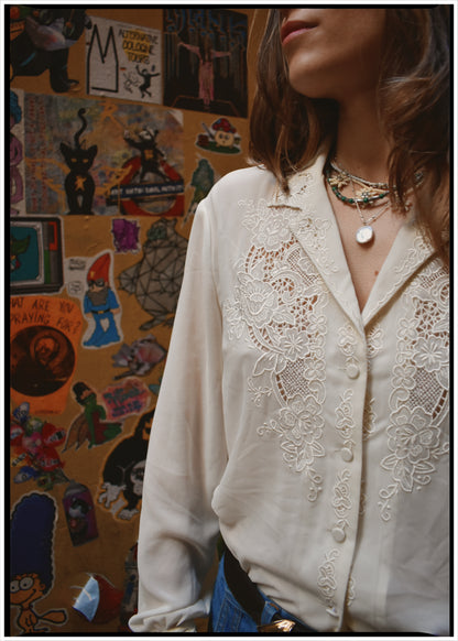 Tilia Silk Crepe Cut-Work Embroidered Shirt ~ Antique White