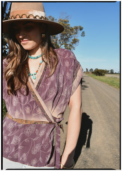 Bassia Silk Crepe Cross Tie Front Blouse ~ Mauve S